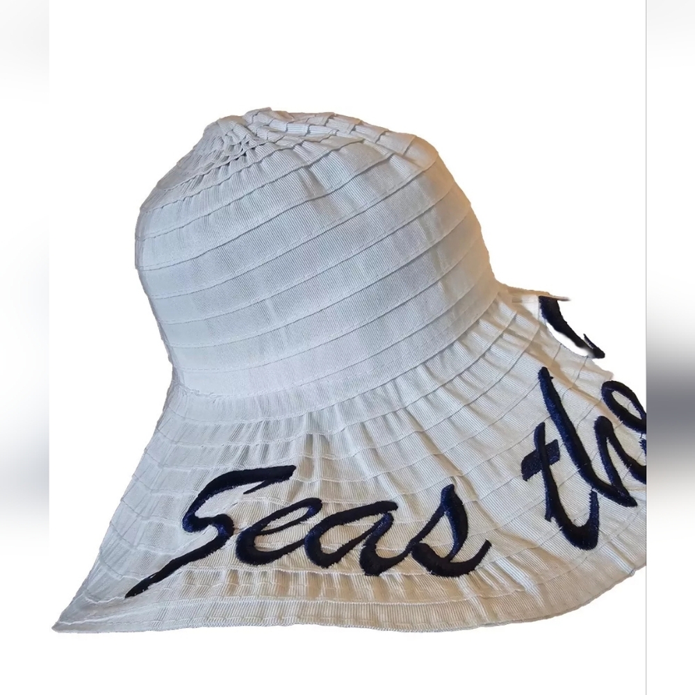 Seas the Day Sun Beach Hat  Sz OS. Wide Brim Floppy Beach White Navy Nautical - Picture 5 of 13
